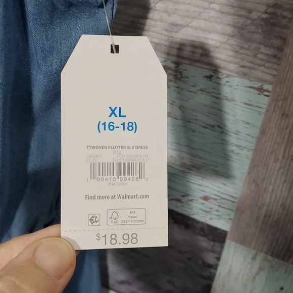 Time and Tru Sz XL 16-18 Chambray Woven Flutter Sleeve Dress New 925 - Picture 6 of 9